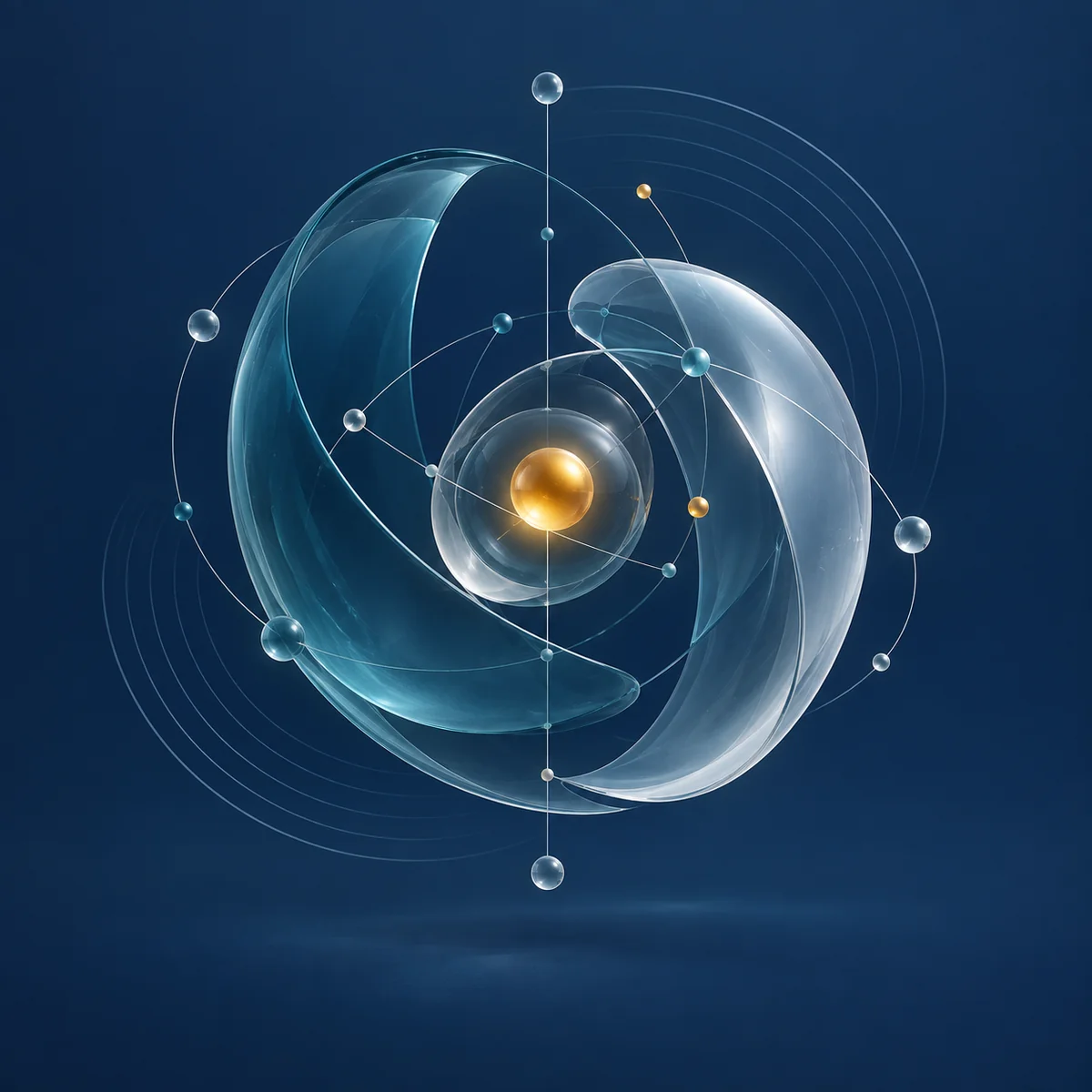 Composição abstrata com formas conectadas em azul e âmbar